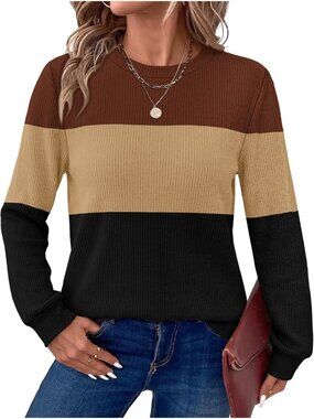 Women's Black Brown Long Sleeve Crew Neck Imported Casual Tops Cozy Sweater